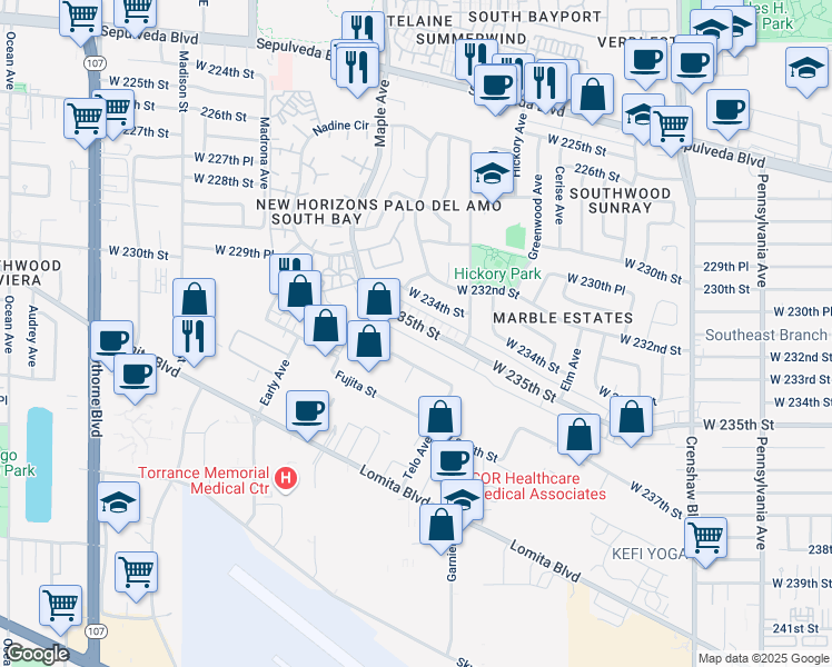 map of restaurants, bars, coffee shops, grocery stores, and more near 2887 West 235th Street in Torrance