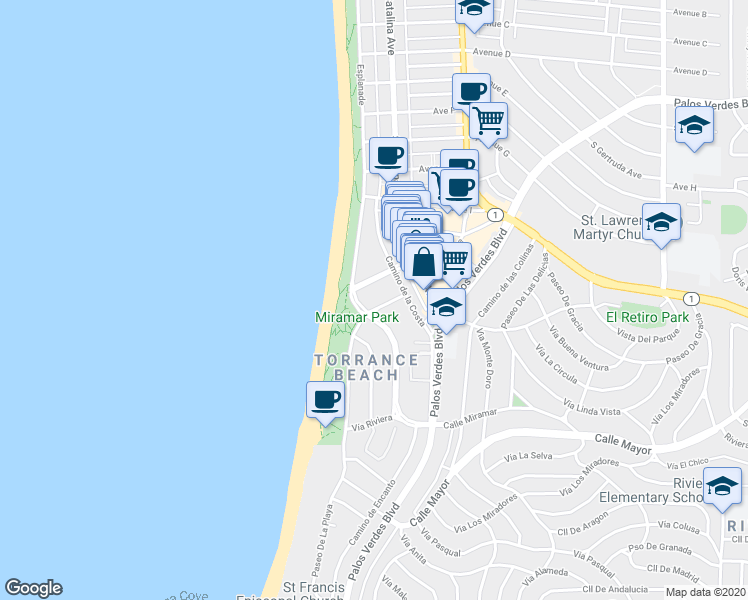 map of restaurants, bars, coffee shops, grocery stores, and more near 109 Paseo De La Playa in Redondo Beach