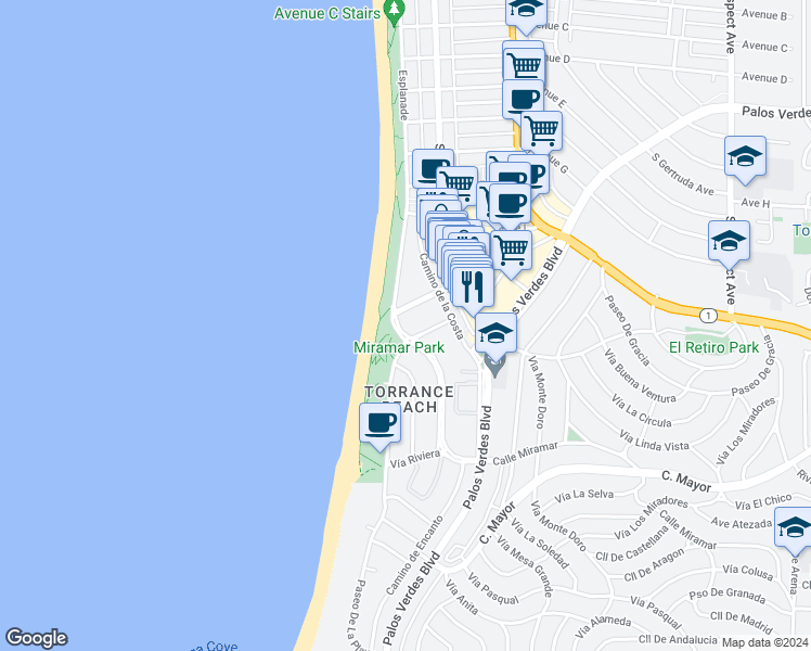 map of restaurants, bars, coffee shops, grocery stores, and more near 1799 Esplanade in Redondo Beach
