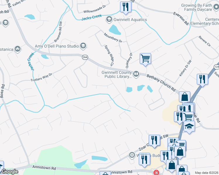 map of restaurants, bars, coffee shops, grocery stores, and more near 3028 Sutter Court Southwest in Snellville