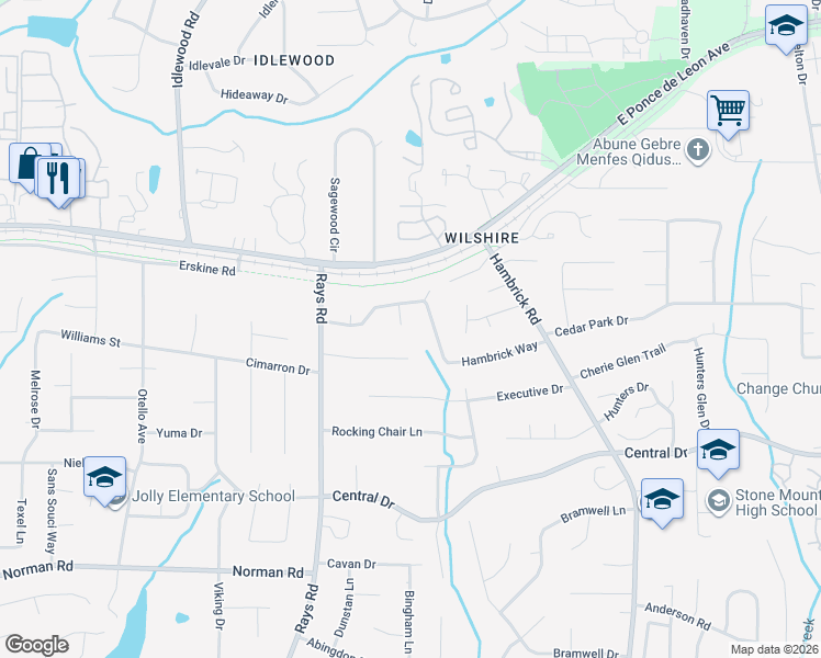 map of restaurants, bars, coffee shops, grocery stores, and more near 1241 Hambrick Court in Stone Mountain