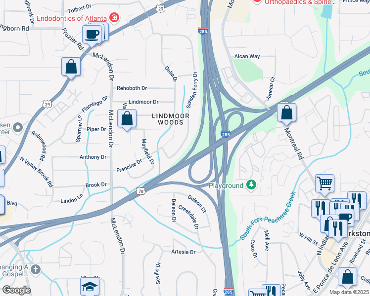 map of restaurants, bars, coffee shops, grocery stores, and more near 1231 Sanden Ferry Drive in Decatur