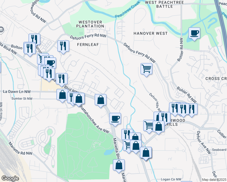 map of restaurants, bars, coffee shops, grocery stores, and more near 2121 Bolton Drive Northwest in Atlanta