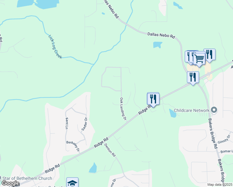 map of restaurants, bars, coffee shops, grocery stores, and more near 43 Oak Landing Circle in Douglasville