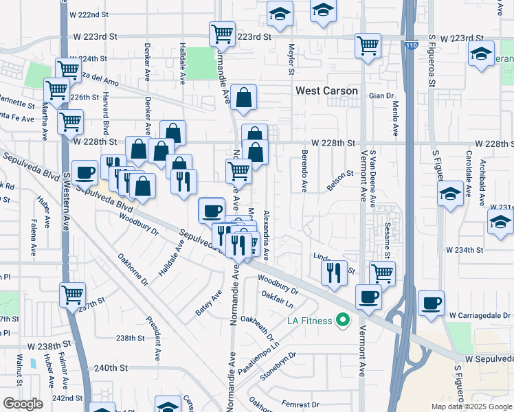 map of restaurants, bars, coffee shops, grocery stores, and more near 23120 Mariposa Avenue in Torrance