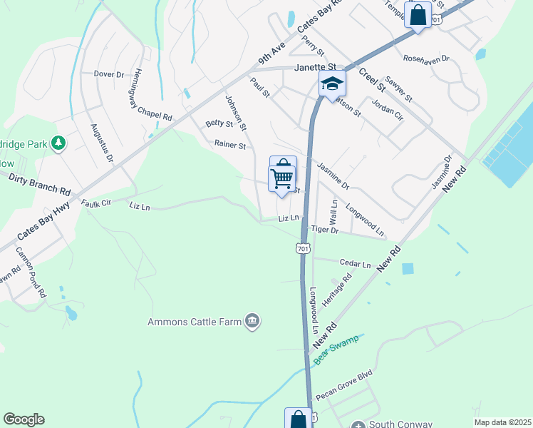 map of restaurants, bars, coffee shops, grocery stores, and more near 6 Johnson Street in Conway