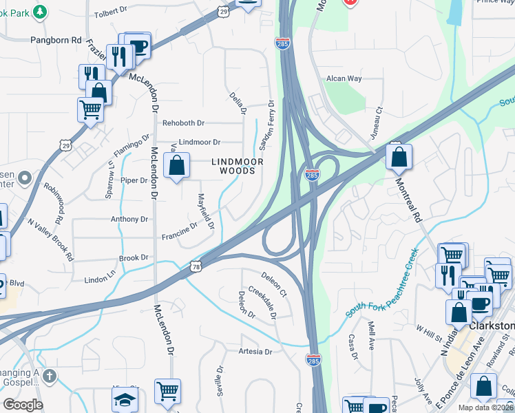 map of restaurants, bars, coffee shops, grocery stores, and more near 1224 Sanden Ferry Drive in Decatur