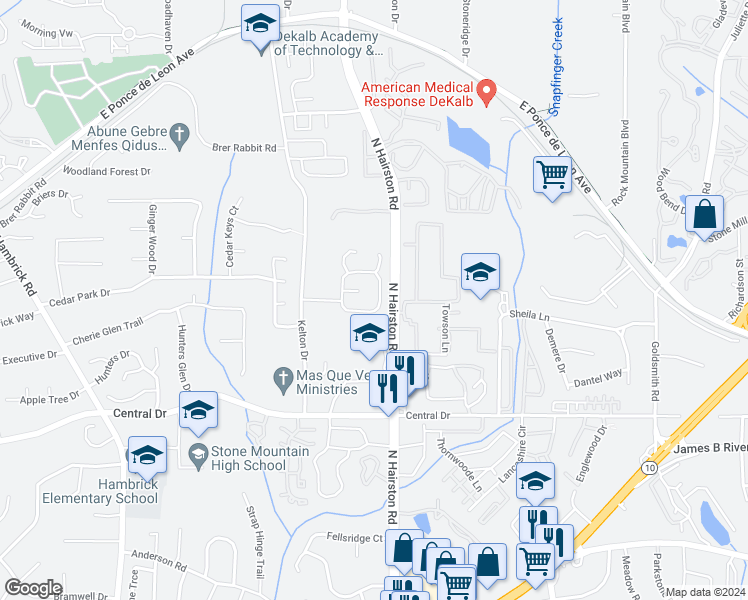 map of restaurants, bars, coffee shops, grocery stores, and more near 1288 Old Countryside Circle in Stone Mountain