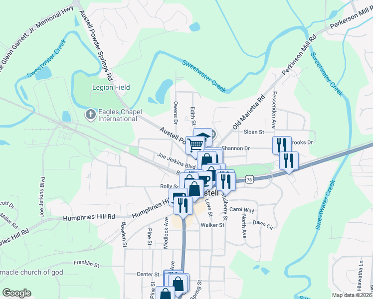 map of restaurants, bars, coffee shops, grocery stores, and more near 5700 Austell Powder Springs Road in Austell