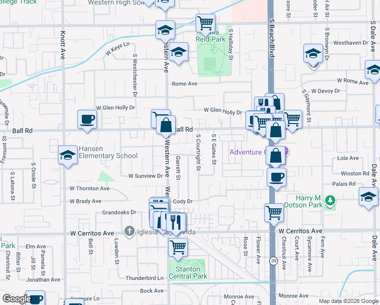 map of restaurants, bars, coffee shops, grocery stores, and more near 3141 West Lanerose Drive in Anaheim