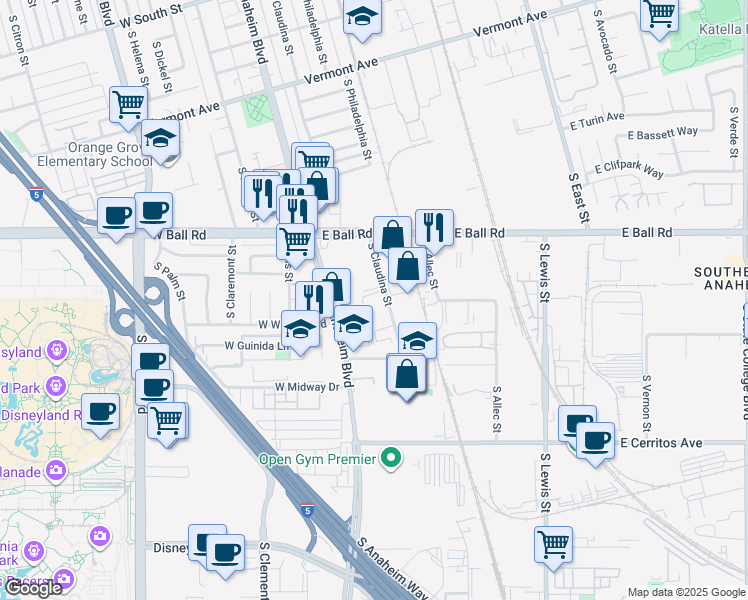 map of restaurants, bars, coffee shops, grocery stores, and more near 1303 South Claudina Street in Anaheim