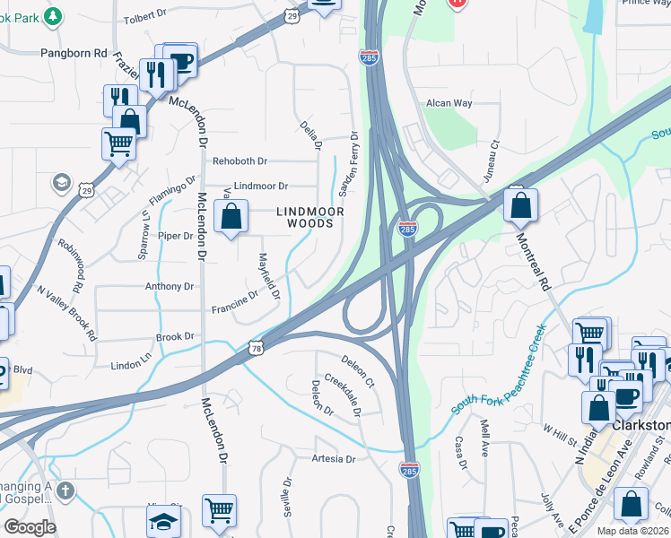 map of restaurants, bars, coffee shops, grocery stores, and more near 1224 Sanden Ferry Drive in Decatur