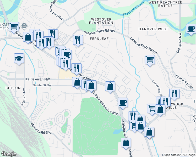 map of restaurants, bars, coffee shops, grocery stores, and more near 2194 Bolton Drive Northwest in Atlanta