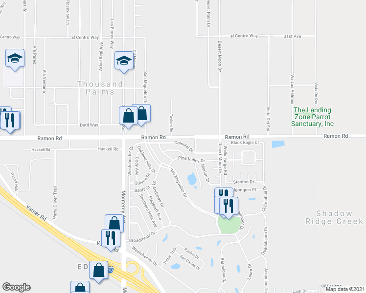 map of restaurants, bars, coffee shops, grocery stores, and more near 73281 Colonial Drive in Thousand Palms