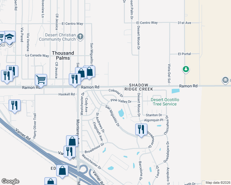 map of restaurants, bars, coffee shops, grocery stores, and more near 73281 Colonial Drive in Thousand Palms
