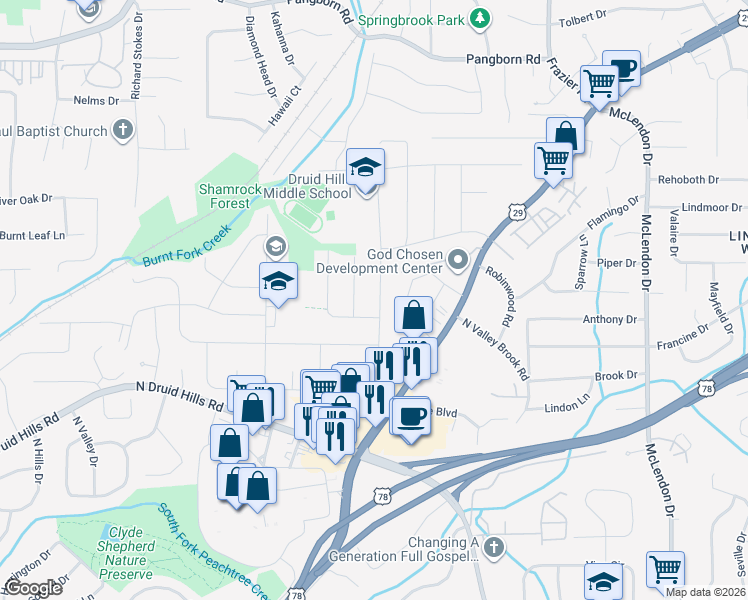 map of restaurants, bars, coffee shops, grocery stores, and more near 2990 Mount Olive Drive in Decatur
