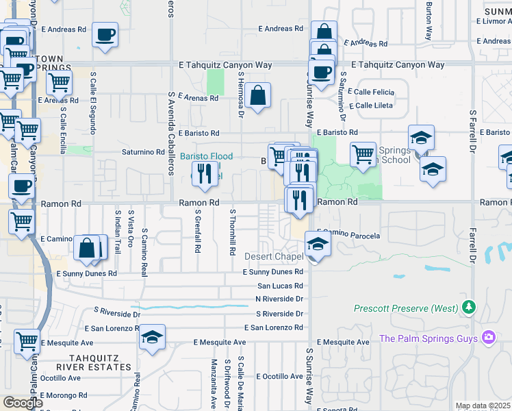 map of restaurants, bars, coffee shops, grocery stores, and more near 1397 Ramon Road in Palm Springs