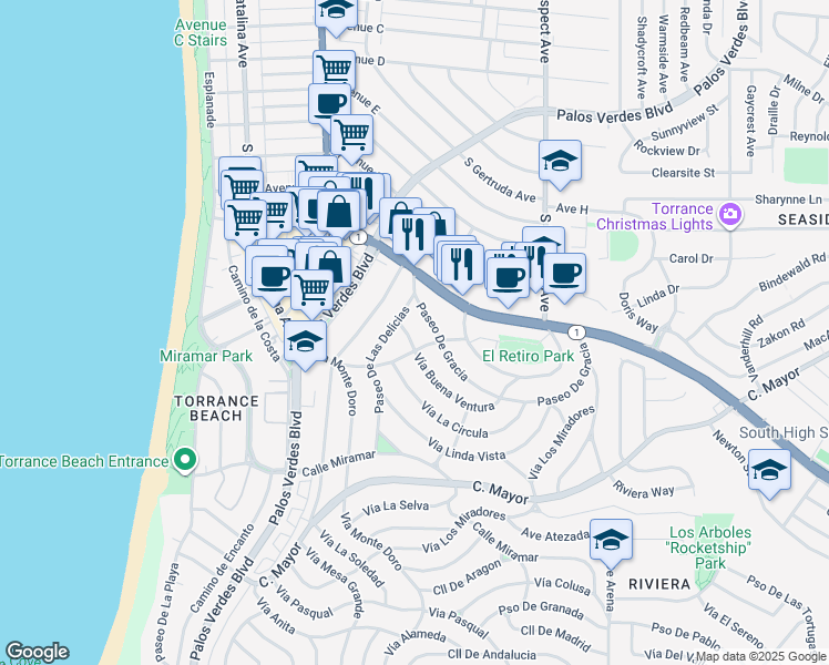 map of restaurants, bars, coffee shops, grocery stores, and more near 118 Vía Buena Ventura in Redondo Beach