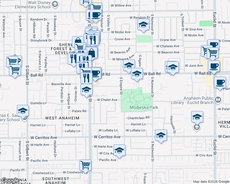 map of restaurants, bars, coffee shops, grocery stores, and more near 2111 W Grace Ct in Anaheim