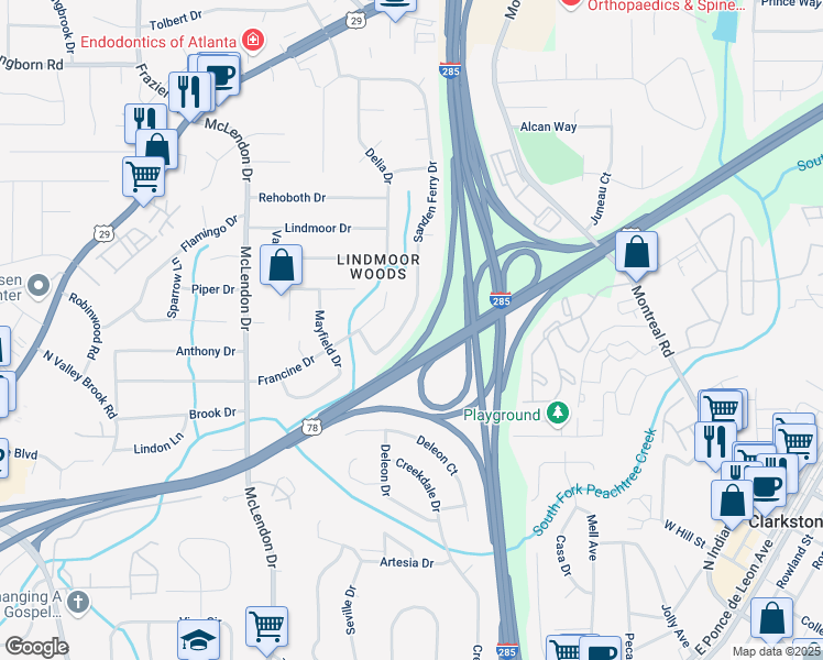 map of restaurants, bars, coffee shops, grocery stores, and more near 1231 Sanden Ferry Drive in Decatur