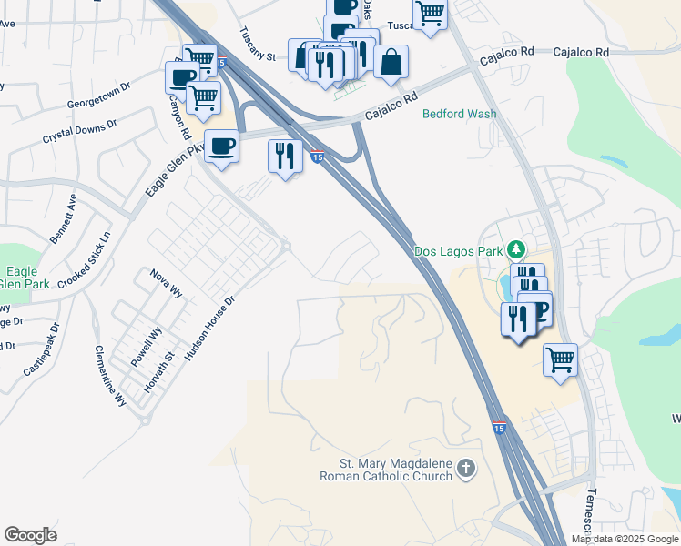 map of restaurants, bars, coffee shops, grocery stores, and more near 3820 Crossen Drive in Corona