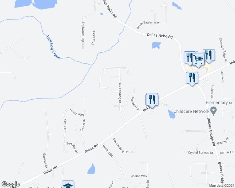 map of restaurants, bars, coffee shops, grocery stores, and more near 229 Oak Landing Drive in Douglasville