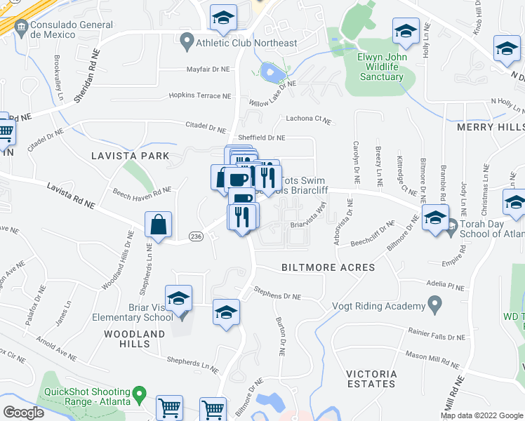 map of restaurants, bars, coffee shops, grocery stores, and more near 2111 Briarcliff Road Northeast in Atlanta