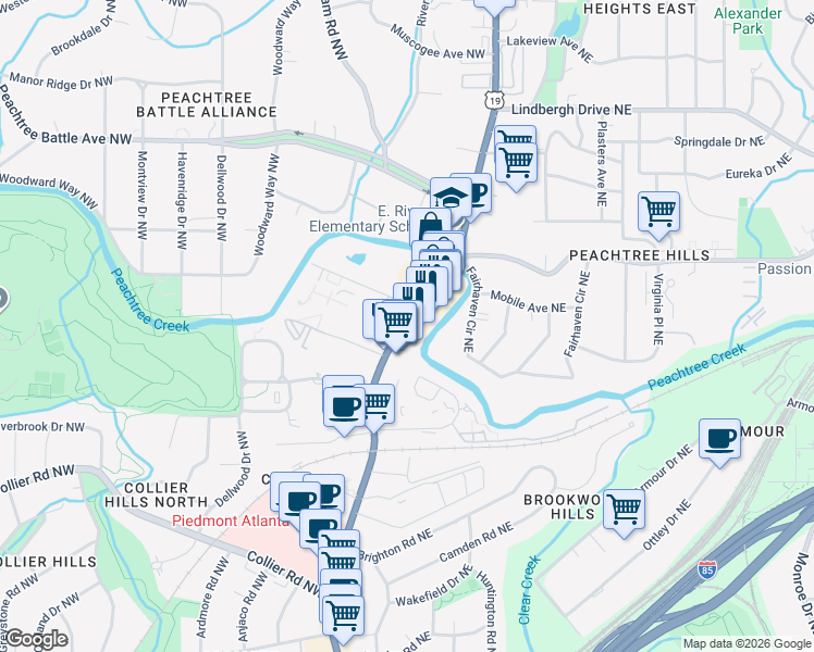 map of restaurants, bars, coffee shops, grocery stores, and more near 2255 Peachtree Road Northeast in Atlanta