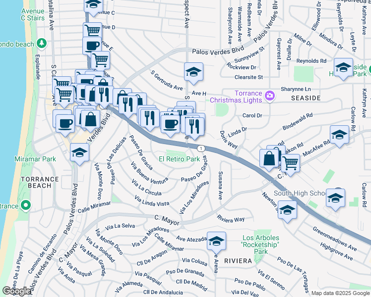 map of restaurants, bars, coffee shops, grocery stores, and more near 5906 South Pacific Coast Highway in Redondo Beach