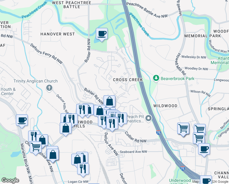 map of restaurants, bars, coffee shops, grocery stores, and more near 1907 Noble Creek Drive Northwest in Atlanta