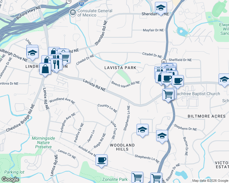 map of restaurants, bars, coffee shops, grocery stores, and more near 1452 Lavista Road Northeast in Atlanta