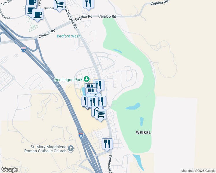 map of restaurants, bars, coffee shops, grocery stores, and more near 4313 Owens Street in Corona