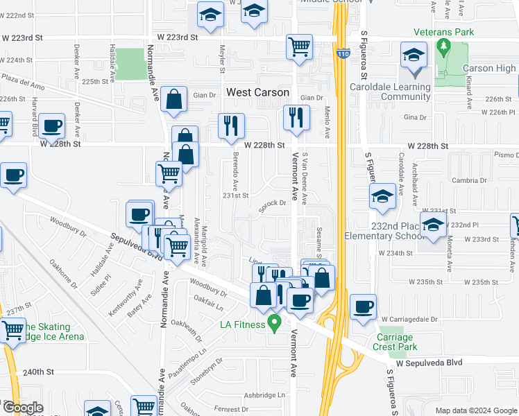 map of restaurants, bars, coffee shops, grocery stores, and more near 965 Sorock Drive in Torrance