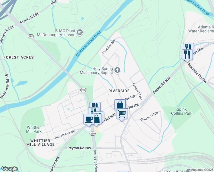 map of restaurants, bars, coffee shops, grocery stores, and more near 2179 Main Street Northwest in Atlanta