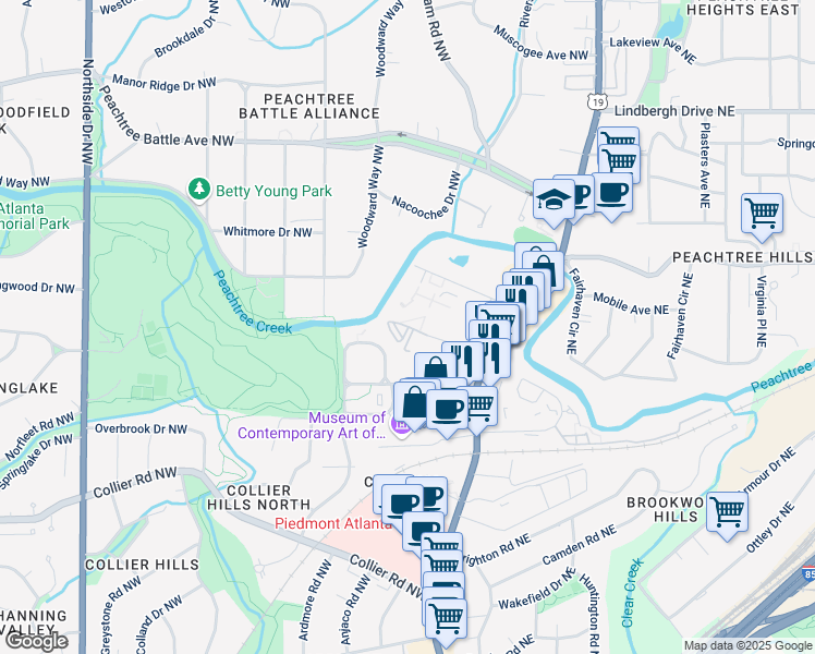 map of restaurants, bars, coffee shops, grocery stores, and more near 115 Biscayne Drive Northwest in Atlanta
