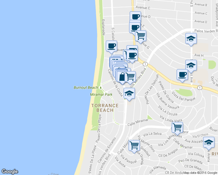 map of restaurants, bars, coffee shops, grocery stores, and more near in Redondo Beach