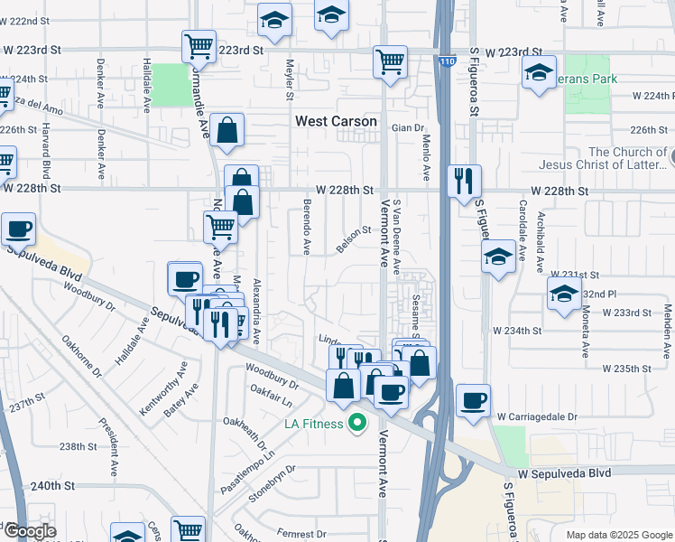 map of restaurants, bars, coffee shops, grocery stores, and more near 965 Sorock Drive in Torrance