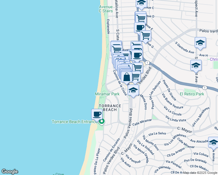 map of restaurants, bars, coffee shops, grocery stores, and more near 1802 Esplanade in Redondo Beach
