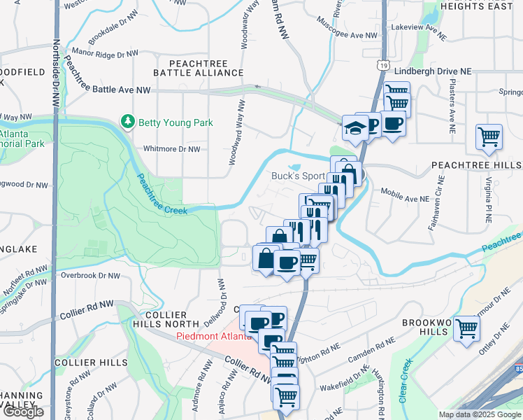 map of restaurants, bars, coffee shops, grocery stores, and more near 115 Biscayne Drive Northwest in Atlanta