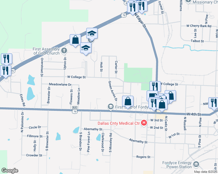 map of restaurants, bars, coffee shops, grocery stores, and more near 621 Green Acres Drive in Fordyce