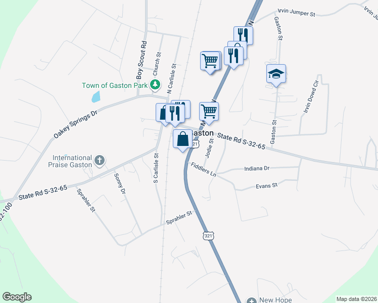 map of restaurants, bars, coffee shops, grocery stores, and more near 117 U.S. 321 in Gaston