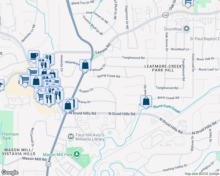 map of restaurants, bars, coffee shops, grocery stores, and more near 2150 Azalea Circle in Decatur