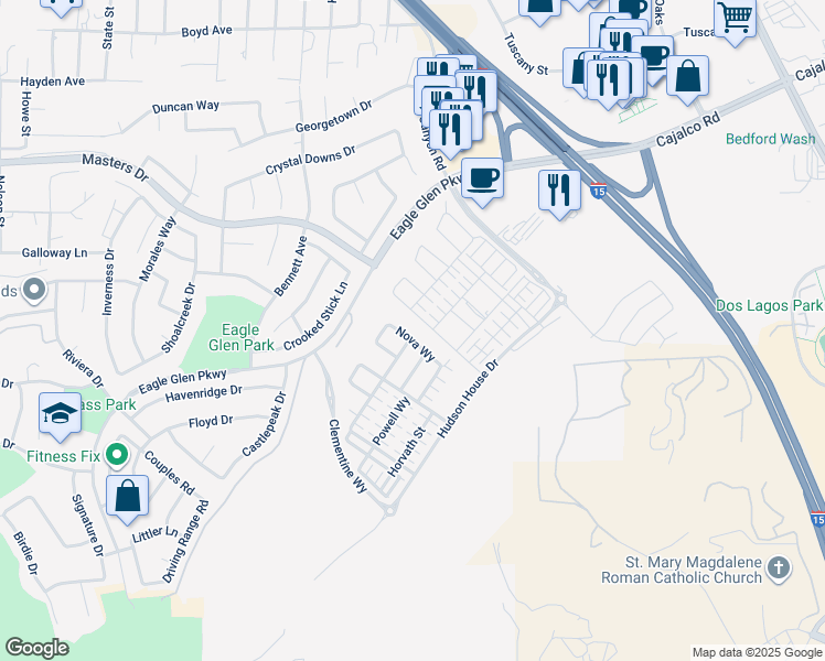map of restaurants, bars, coffee shops, grocery stores, and more near 2310 Nova Way in Corona
