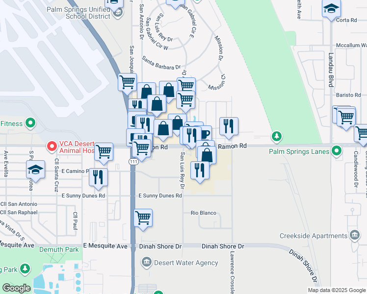 map of restaurants, bars, coffee shops, grocery stores, and more near East Ramon Road & San Luis Rey Drive in Palm Springs