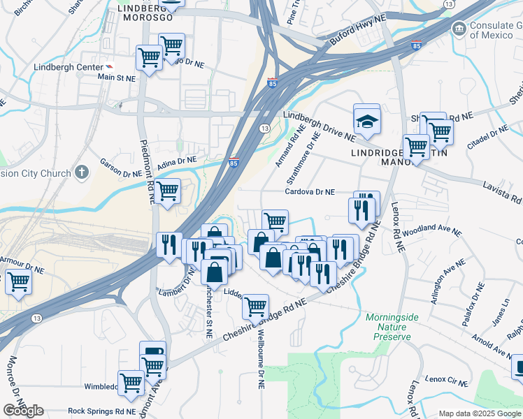 map of restaurants, bars, coffee shops, grocery stores, and more near 102 Cedar Chase Drive Northeast in Atlanta