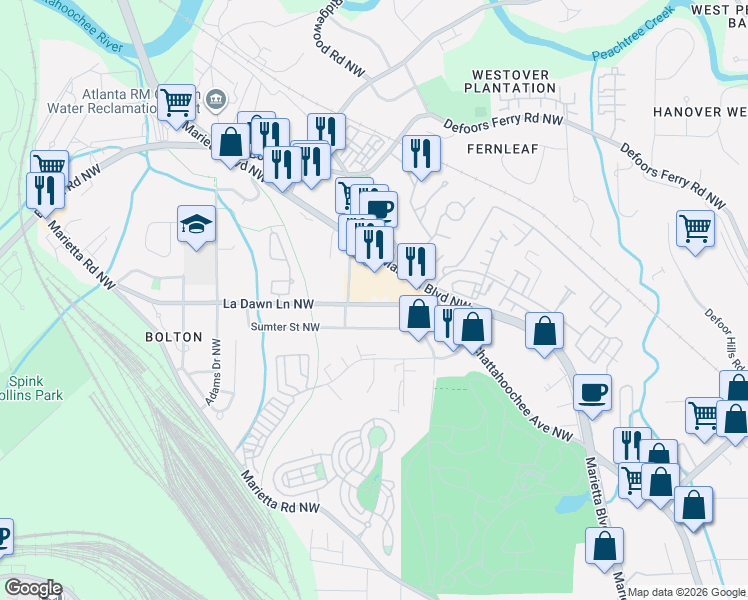 map of restaurants, bars, coffee shops, grocery stores, and more near 1845 La Dawn Lane Northwest in Atlanta
