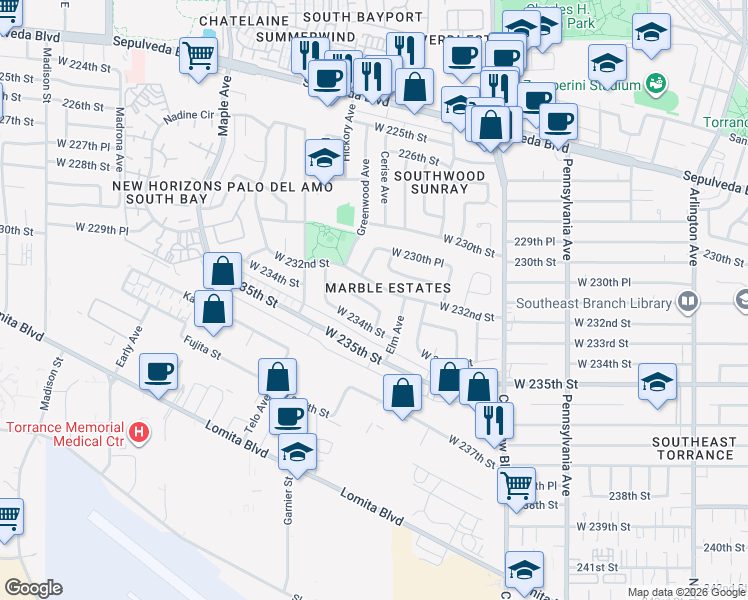 map of restaurants, bars, coffee shops, grocery stores, and more near 2711 West 233rd Street in Torrance