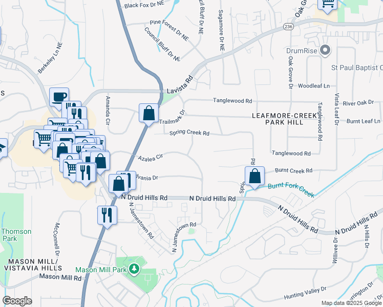 map of restaurants, bars, coffee shops, grocery stores, and more near 2150 Azalea Circle in Decatur