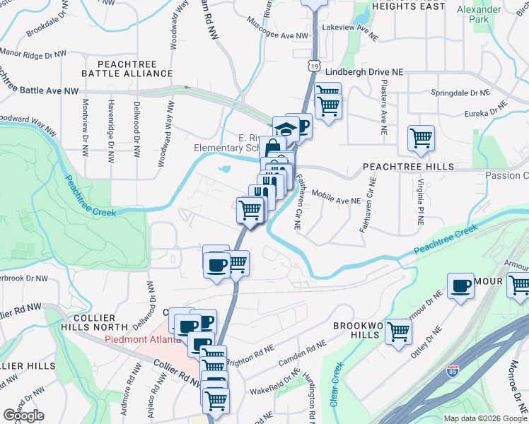 map of restaurants, bars, coffee shops, grocery stores, and more near 2277 Peachtree Road in Atlanta