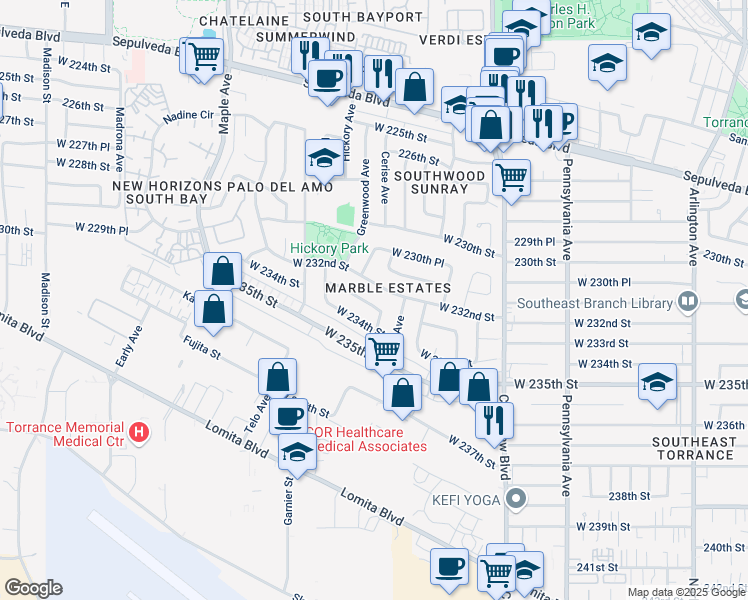 map of restaurants, bars, coffee shops, grocery stores, and more near 2711 West 233rd Street in Torrance